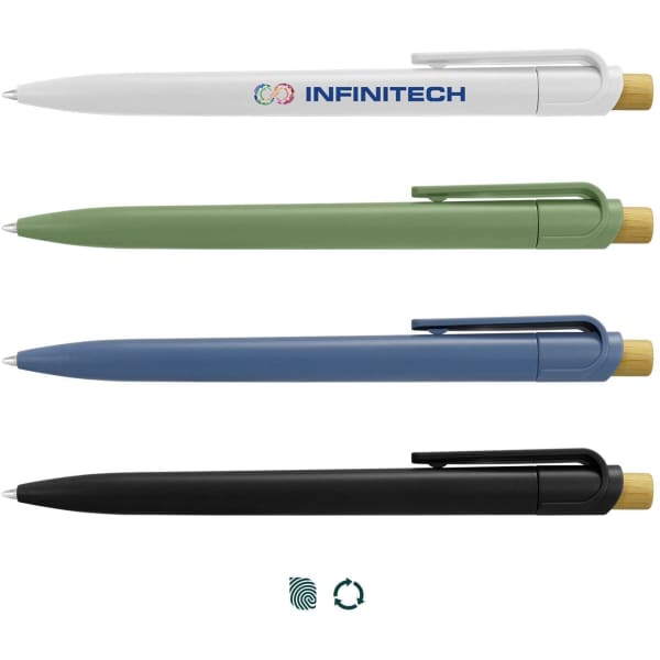 A set of four recyclable plastic pens in white, green, blue, and black, featuring a bamboo accent and a logo.