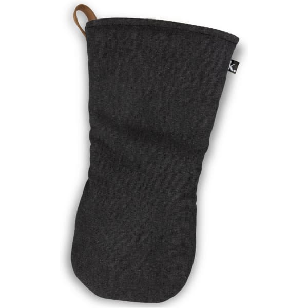 A dark grey canvas oven mitt with a leather hanging loop and a small logo label.