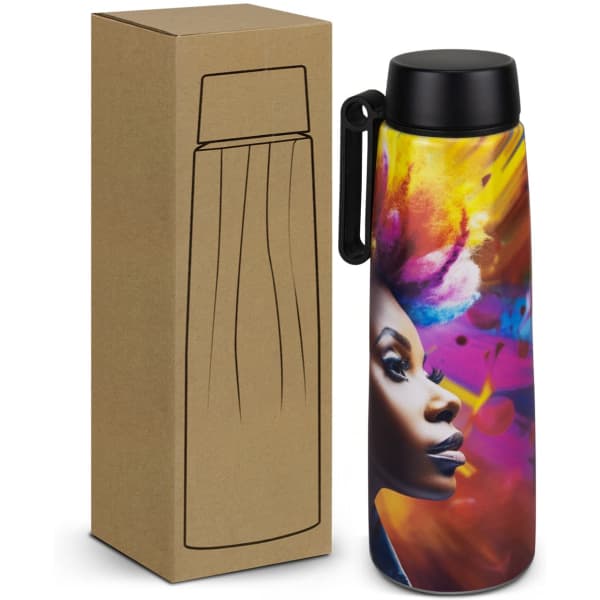 A drink bottle with a vibrant, multi-coloured design featuring an artistic portrait, accompanied by a plain cardboard box.