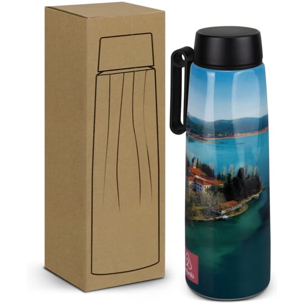 A drink bottle with a scenic full-colour design, featuring a black lid and a matching box for packaging.