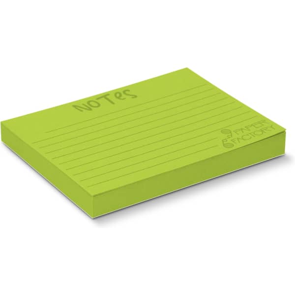 A green sticky pad with lines, sized 100 x 75mm, containing 100 sheets. It features a logo on the front.