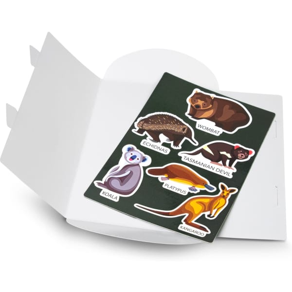 A custom die cut magnet sheet featuring Australian animals like a wombat, echidna, and kangaroo on a green background.