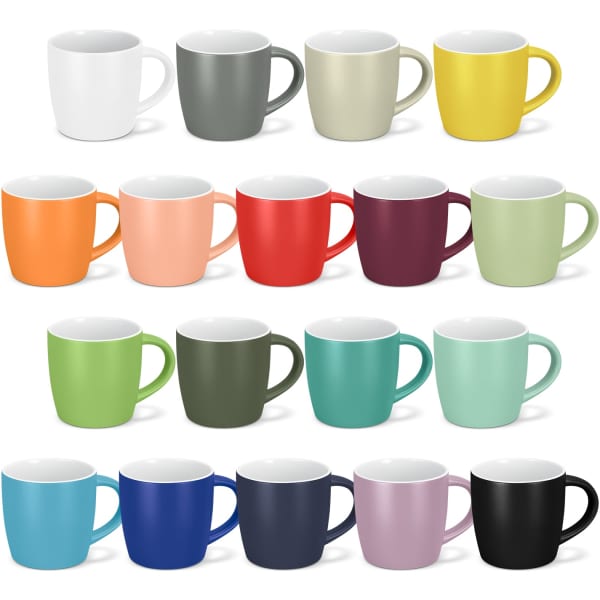 A collection of coffee mugs in various colours, including white, grey, yellow, orange, red, purple, green, and blue, with a white interior.