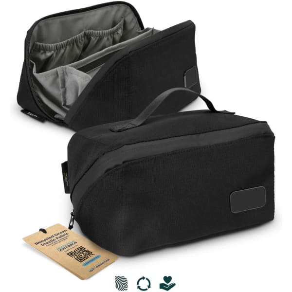 A black toiletry bag with a grey interior, featuring compartments and a zip closure. It includes a brand logo.
