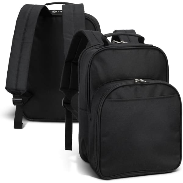 A black picnic backpack with adjustable straps and multiple zippered compartments. Features a simple design and sturdy construction.