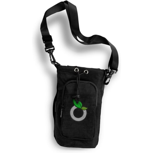 A drink bottle bag in black with an adjustable strap, featuring a small front pocket and a logo.