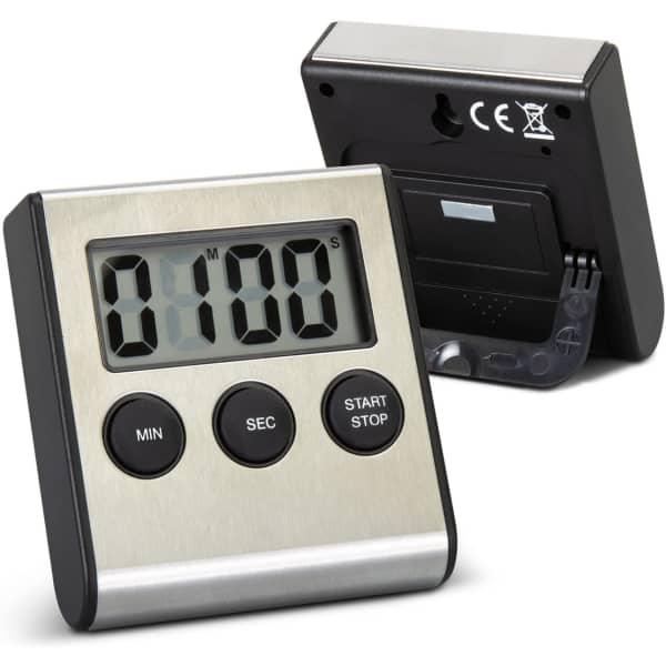 A kitchen timer featuring a stainless steel front and black sides, with a digital display and three buttons.