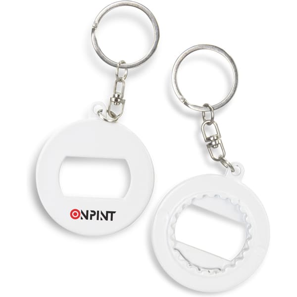 A drink bottle opener key ring in white, featuring a simple design and a logo on one side.