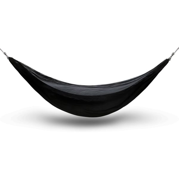 A black hammock suspended between supports, featuring a sleek design and hanging hardware.