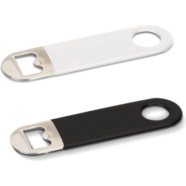 A drink bottle opener in black and white, featuring a metal opener section and a keyring attachment.