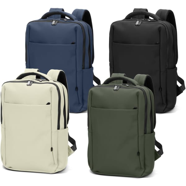 Four ARCHER Soft-Touch Daily Backpacks in navy, black, cream, and olive green, all featuring a logo.