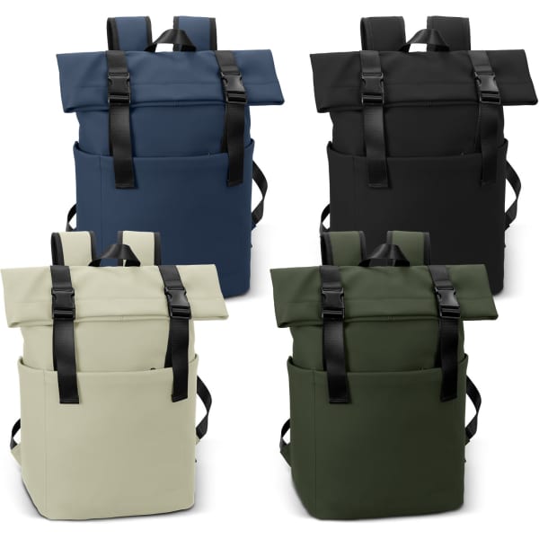 A collection of four ARCHER Soft-Touch Flap Backpacks in navy, black, cream, and olive green, each with adjustable straps and pockets.