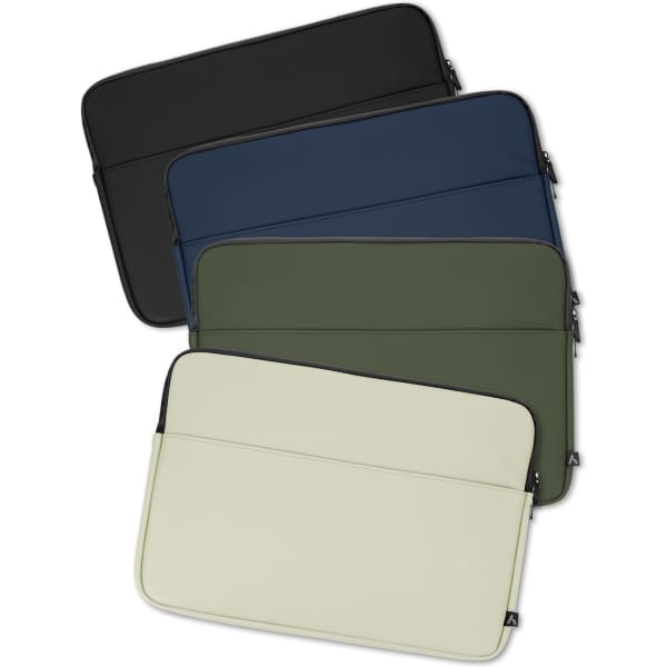 A collection of soft-touch laptop sleeves in black, navy, olive green, and cream, featuring zippers and sleek designs.