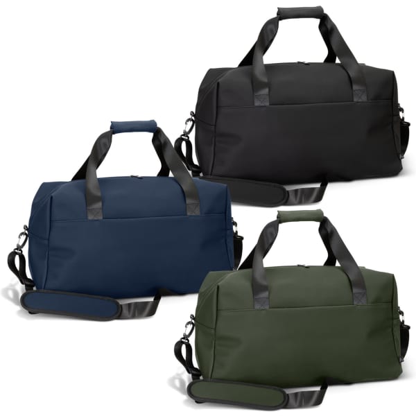 A collection of ARCHER Soft-Touch Duffle Bags in black, navy blue, and olive green, each featuring a logo.