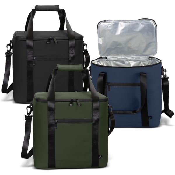 A trio of soft-touch cooler bags in black, navy blue, and olive green, featuring zippers and handles.