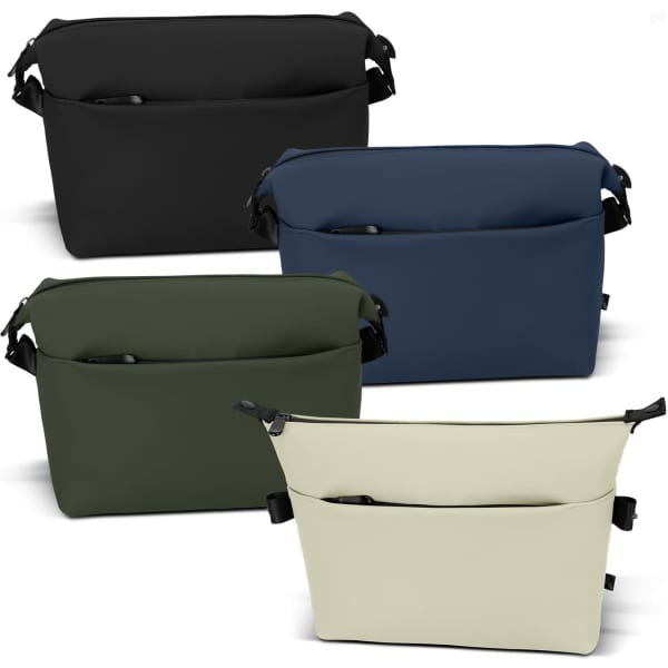 Soft-touch toiletry bags in black, navy, olive green, and cream, each featuring exterior pockets and a logo.