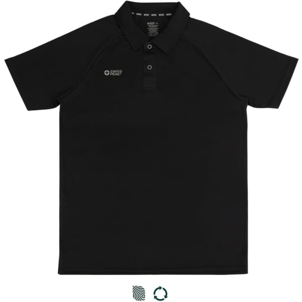 A black unisex polo shirt featuring a logo on the chest, with a classic collar and short sleeves.