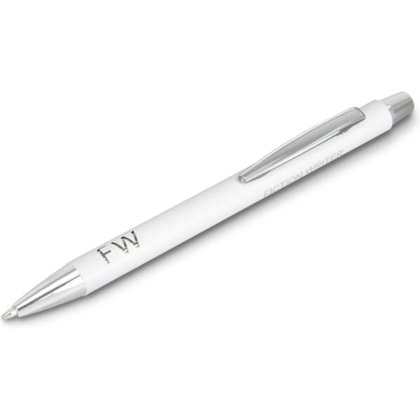 A white pen with a silver clip and a laser cut logo on the barrel.