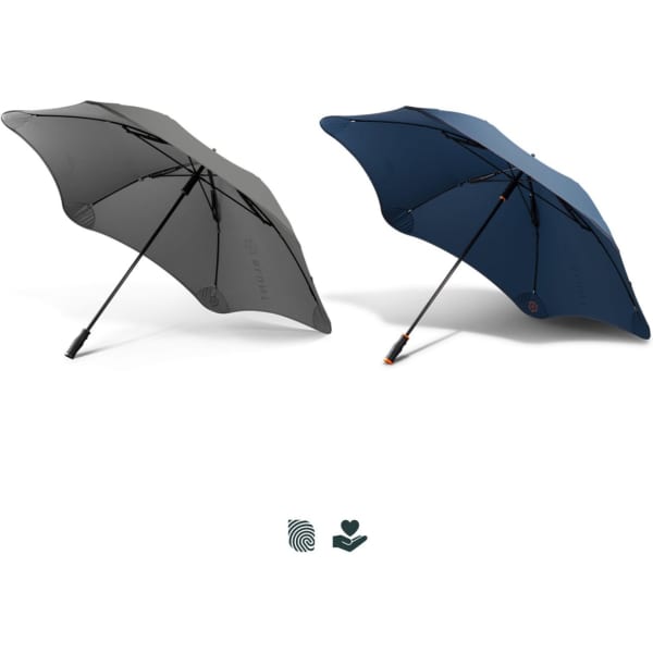 Two BLUNT Sport Umbrellas in grey and navy, featuring a logo and a sleek design.