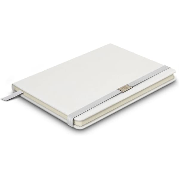 A white notebook with a grey elastic band and a logo on the cover. It features a sleek, minimalist design.