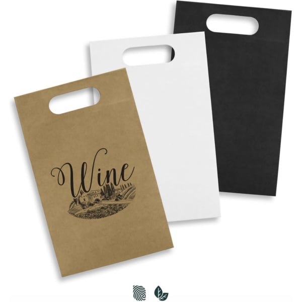 A die cut paper wine bag set in brown, white, and black, featuring a design on the brown bag.