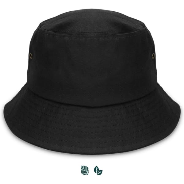 A black organic bucket hat with a simple design and eyelet details. It features a logo on the side.