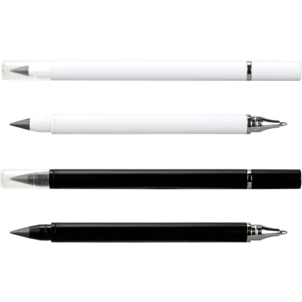 A set of three dual-tip pens in white and black, featuring a clear cap and metallic accents.