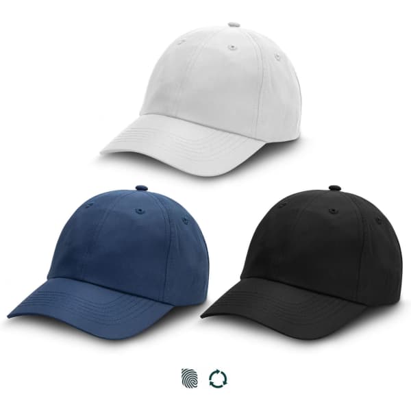 A collection of three recycled caps in white, navy, and black, featuring a logo on each cap.