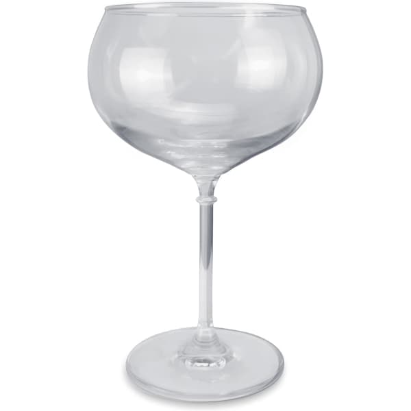 A clear glass with a wide bowl and slender stem, designed for serving drinks.