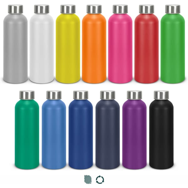 A drink bottle collection featuring colours like silver, white, yellow, orange, pink, green, blue, purple, and black, with stainless steel lids and logos.