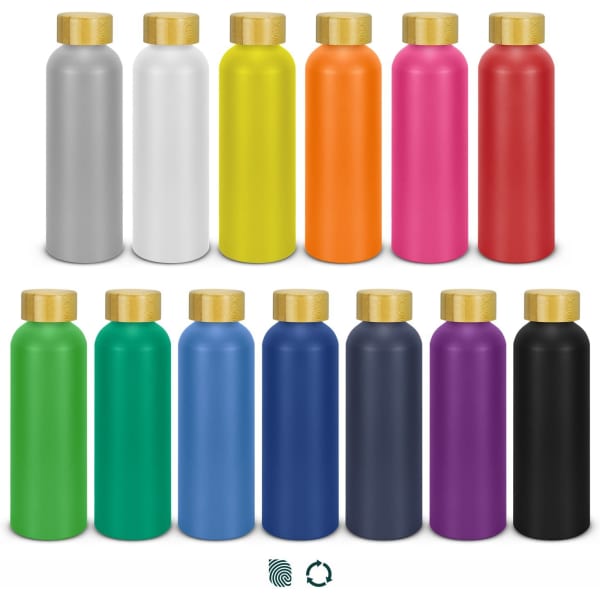 A drink bottle collection featuring 12 recycled aluminium bottles in various colours: silver, white, yellow, orange, pink, red, green, blue, purple, and black, each with a gold lid.