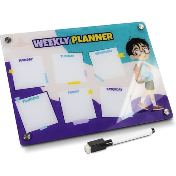 A magnetic weekly planner in vibrant blue and purple, featuring a cartoon character and a whiteboard marker.
