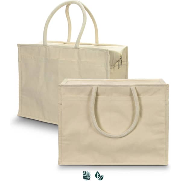 A large cream shopping cooler tote with two sturdy handles and a zip closure. It features a logo on the front.