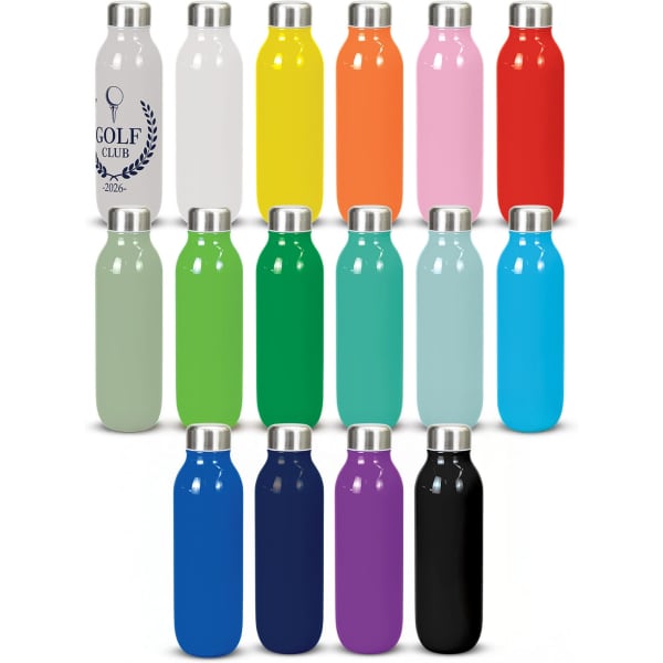 A drink bottle collection featuring various colours including white, yellow, pink, green, blue, purple, and black, with a metal lid.