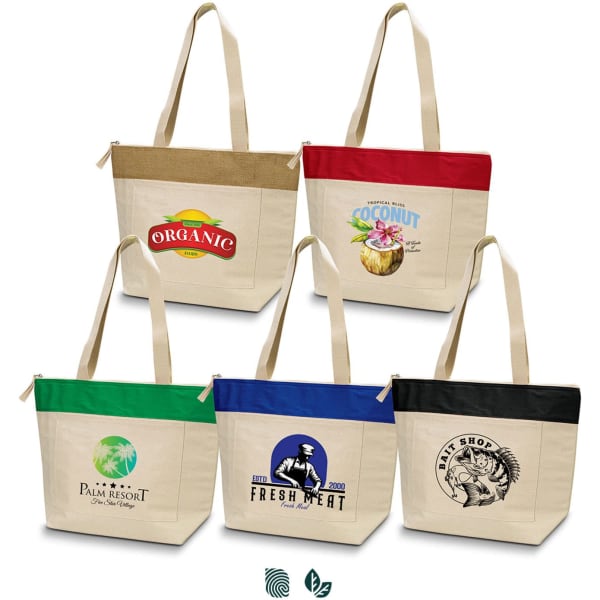 Five cotton cooler totes in cream with coloured accents: red, green, blue, brown, and black, each featuring a logo.