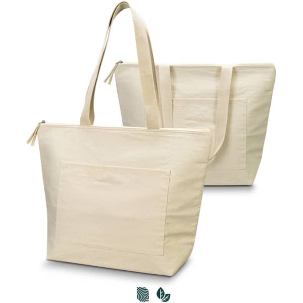 A cream-colored cotton tote bag with a zippered top and a front pocket, featuring a logo.