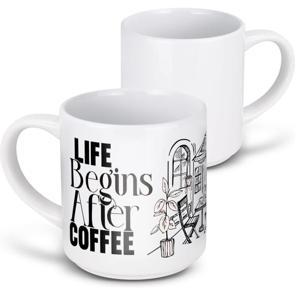 A stackable white coffee mug featuring a black illustration and text design, with a handle for easy grip.