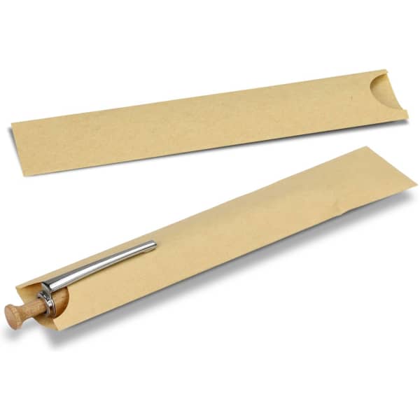 A Kraft paper pen sleeve in a neutral brown colour, featuring an opening for easy access to a pen.