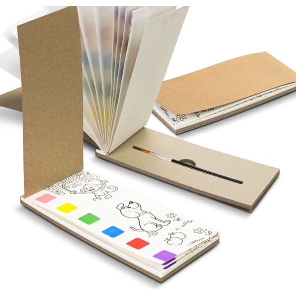 Aquarelle Watercolour Bookmark Pad featuring multiple pages with pre-drawn images, a brush, and vibrant paint colours.