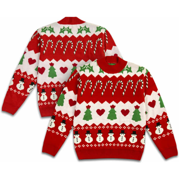 A custom knitted jumper featuring a festive design with red, white, and green patterns including snowmen and Christmas trees.
