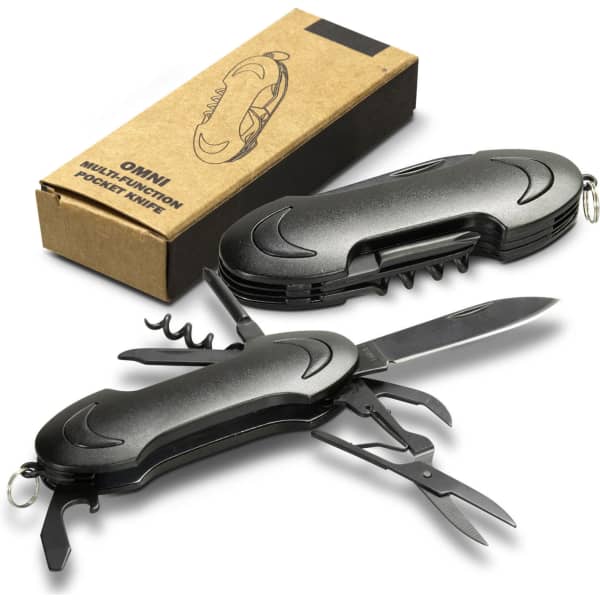 A black multi-function pocket knife with various tools, displayed beside its cardboard packaging. It features a logo.
