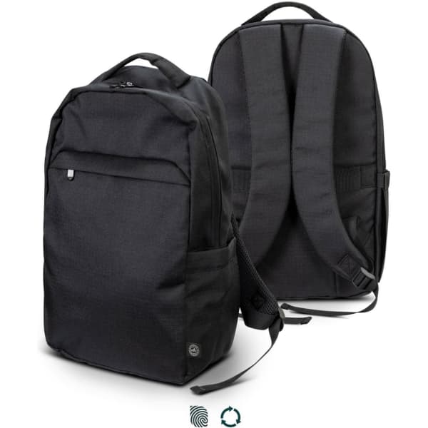A black recycled backpack featuring adjustable straps and a front pocket, with a logo on it.