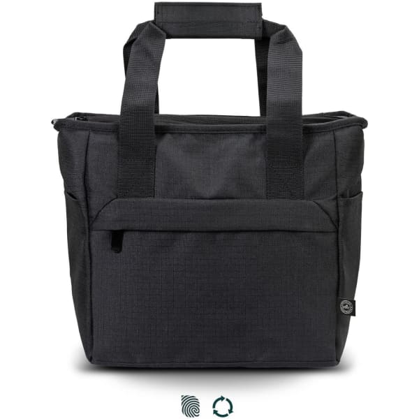 A black cooler bag features sturdy handles and a front pocket, designed for food and drink storage.
