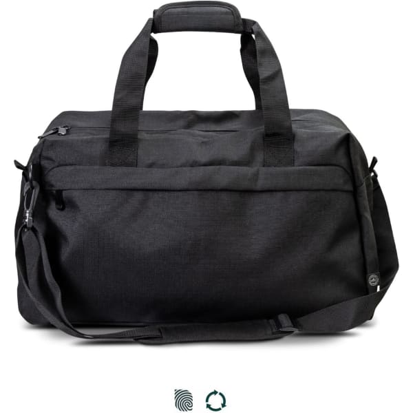 A black duffle bag with dual handles and a shoulder strap, featuring a zip closure and a logo.