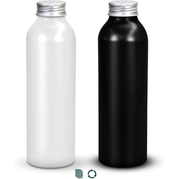 A drink bottle in matte white and matte black with a silver lid, featuring a logo on both bottles.