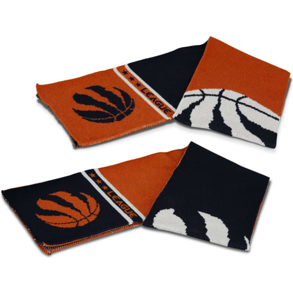 A knitted scarf featuring orange and navy colours with basketball designs and a logo.