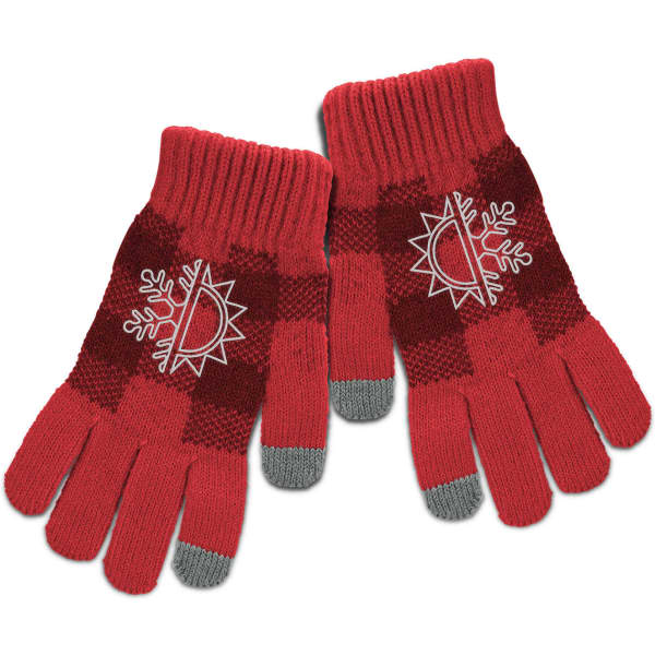 A pair of red and dark red knitted gloves with a grey fingertip detail and a logo on one glove.