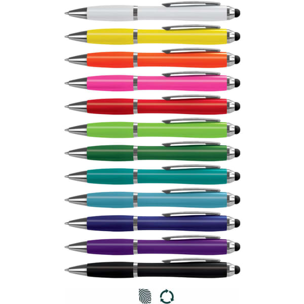 A collection of stylus pens in various colours including white, pink, green, blue, and black, each with a shiny silver clip.