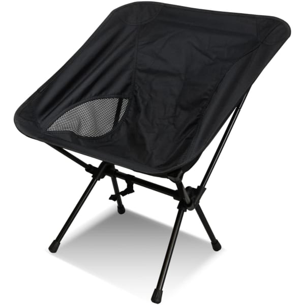 A lightweight folding chair in black with a mesh backrest and a logo.