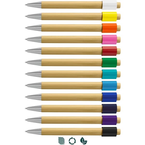 A collection of bamboo spinner pens in various colours, featuring metallic tips and a logo on some pens.